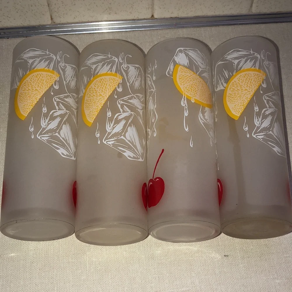VINTAGE TOM COLLINS FROSTED SLIM TALL LEMON & CHERRY SET‎ OF 4 GLASSES